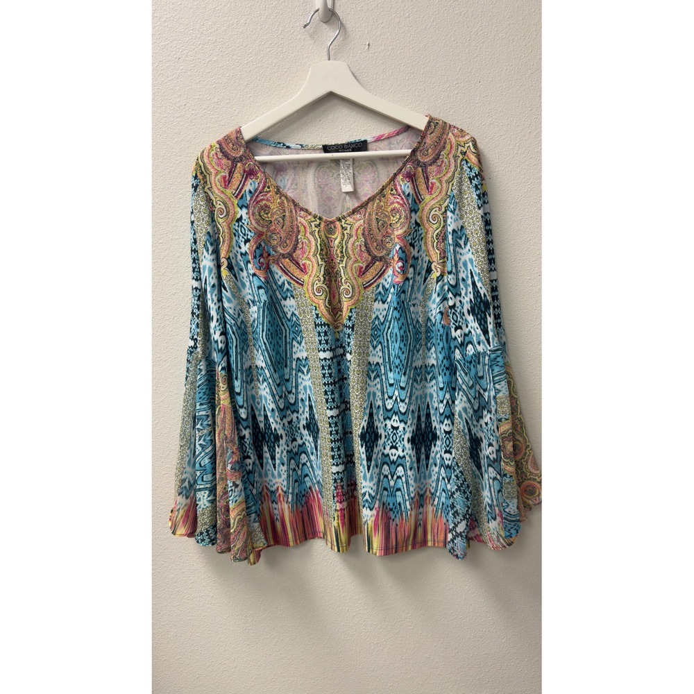 Vintage Coco Bianco Bell Sleeve Top Womens‎ 1X Blue Multicolor Paisley Festival